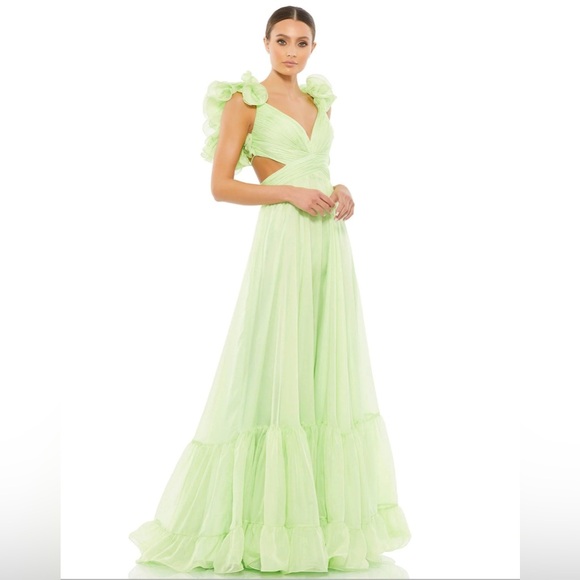 MAC DUGGALRuffle Tiered Cut-Out Chiffon Gown in Mint Size 8